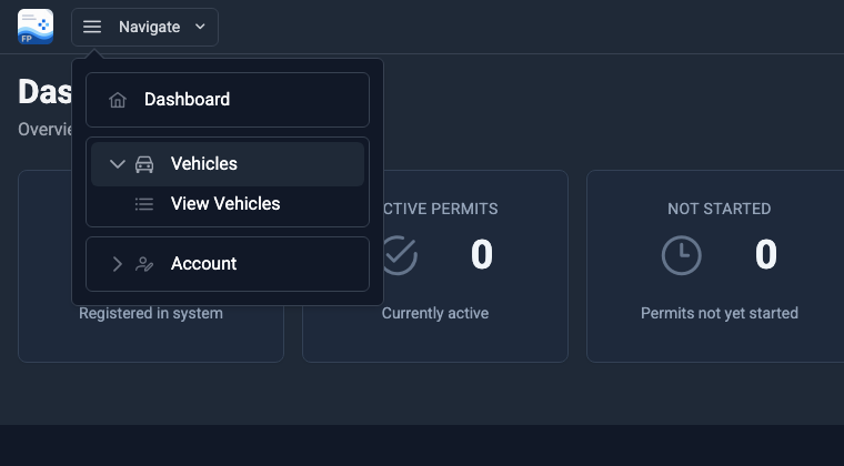 Navigate menu expanded showing Vehicles and View Vehicles