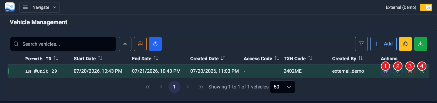 Vehicle row with print, edit, delete, and change history buttons